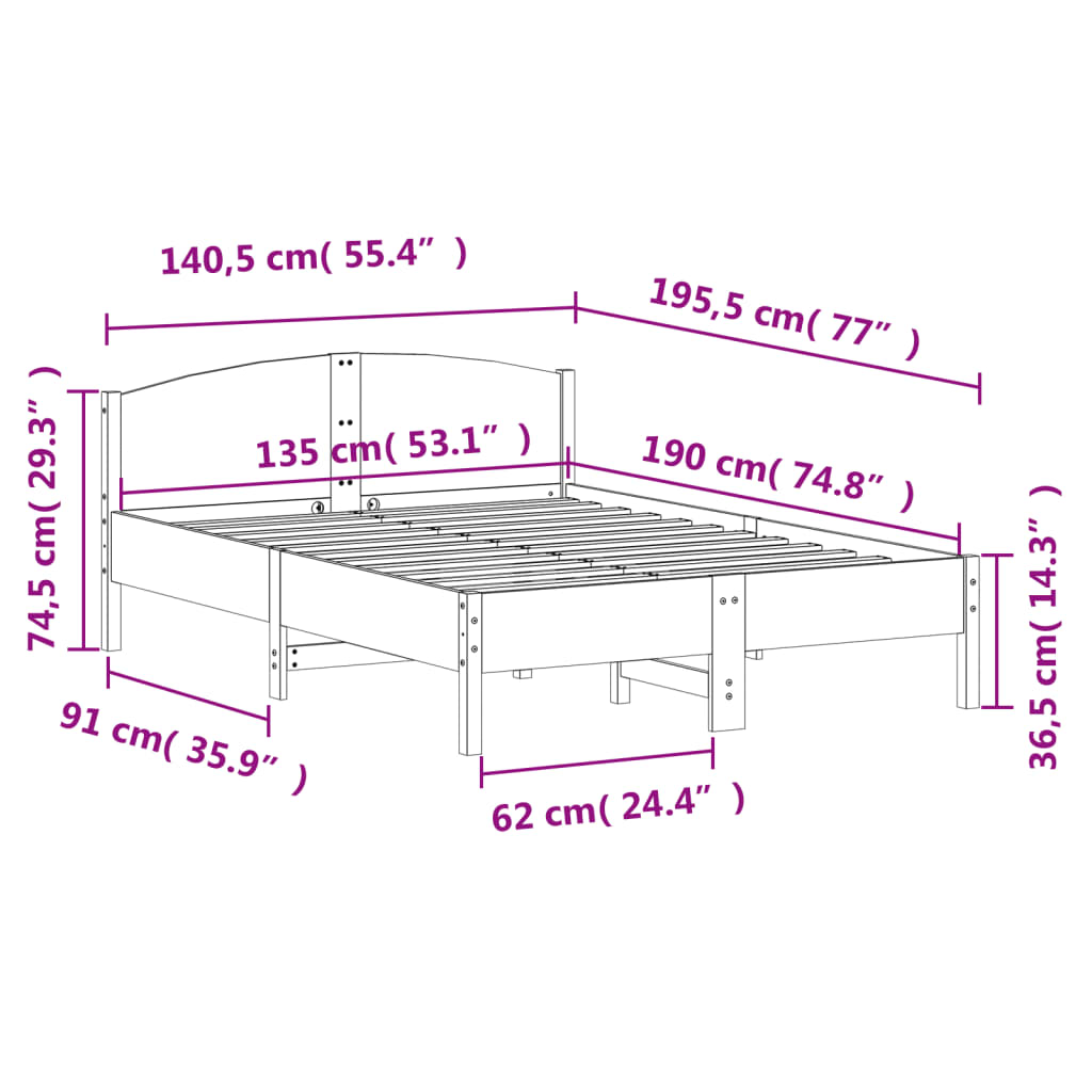 Cadre de lit sans matelas 135x190 cm bois de pin massif