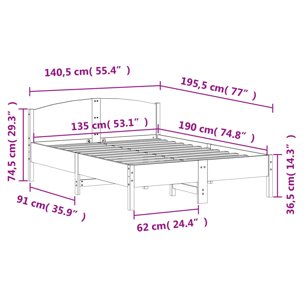 Cadre de lit sans matelas cire marron 135x190cm bois pin massif