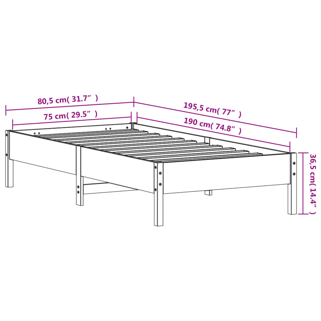 Cadre de lit sans matelas blanc 75x190 cm bois de pin massif