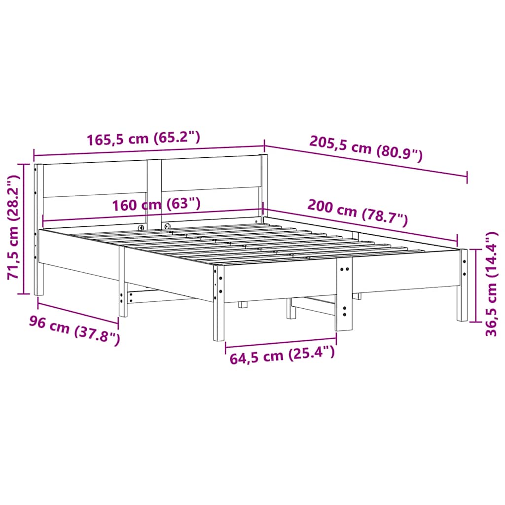 Cadre de lit sans matelas cire marron 160x200cm bois pin massif