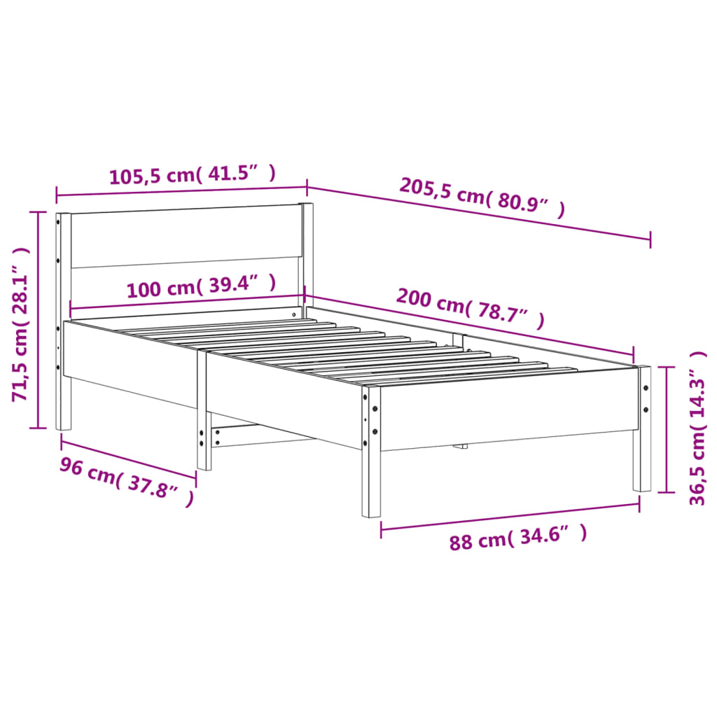 Cadre de lit sans matelas cire marron 100x200cm bois pin massif