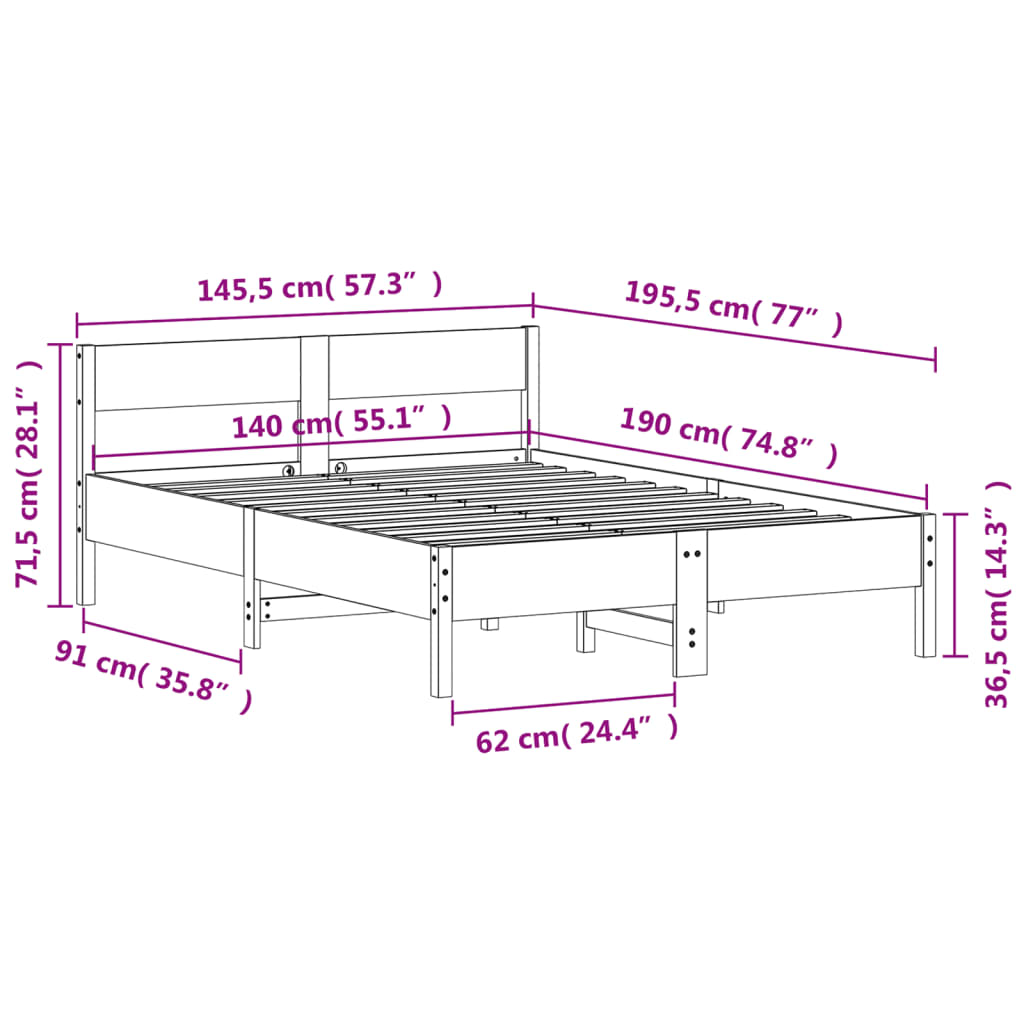 Cadre de lit sans matelas cire marron 140x190cm bois pin massif