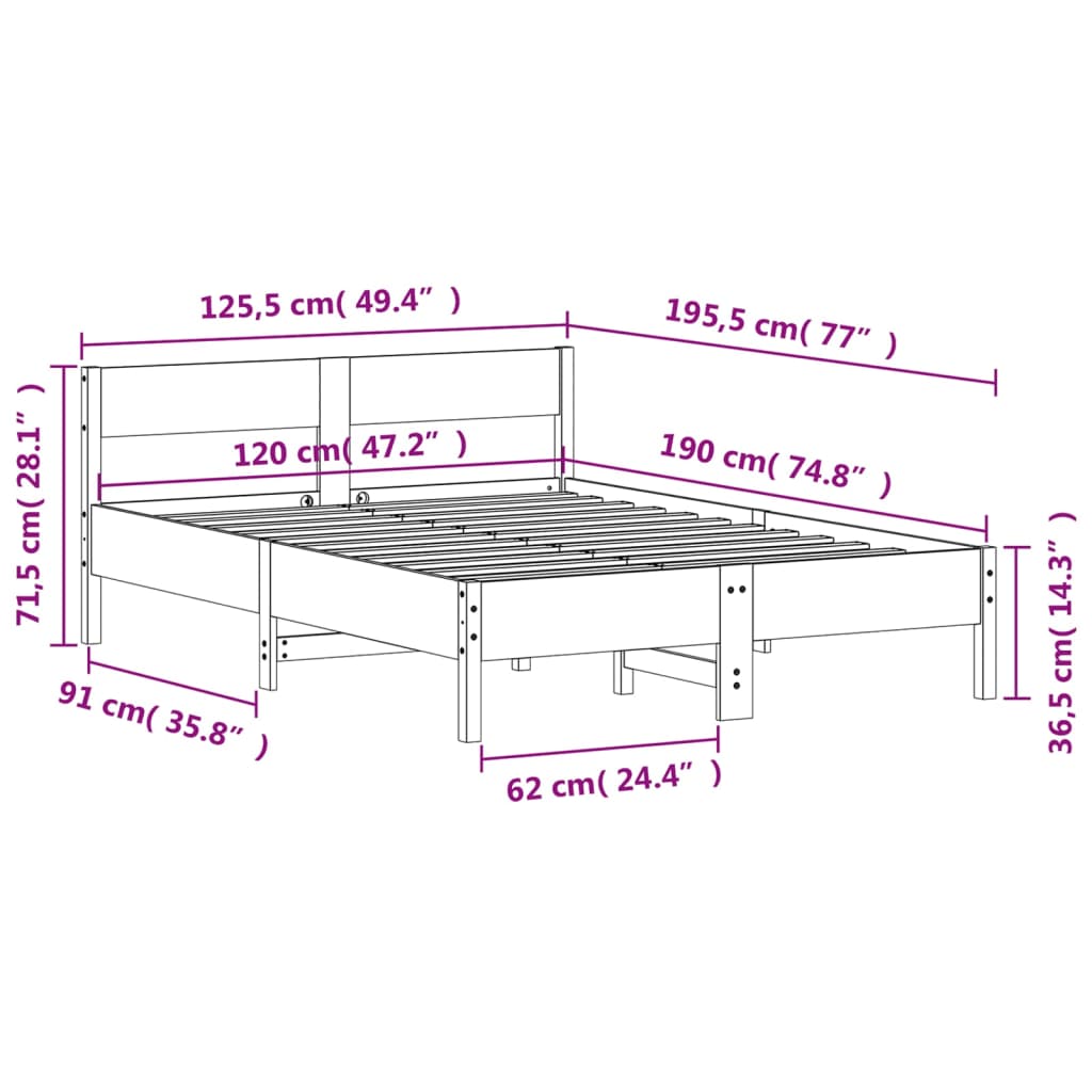 Cadre de lit sans matelas blanc 120x190 cm bois de pin massif