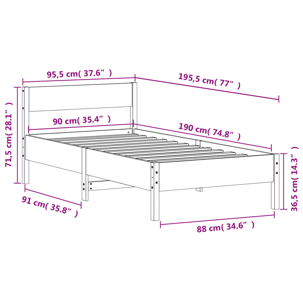 Cadre de lit sans matelas blanc 90x190 cm bois de pin massif