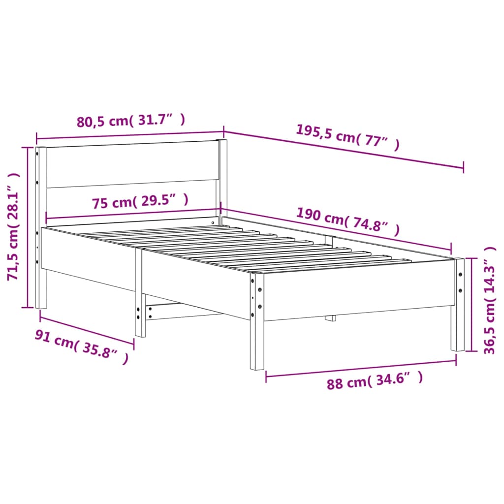 Cadre de lit sans matelas blanc 75x190 cm bois de pin massif