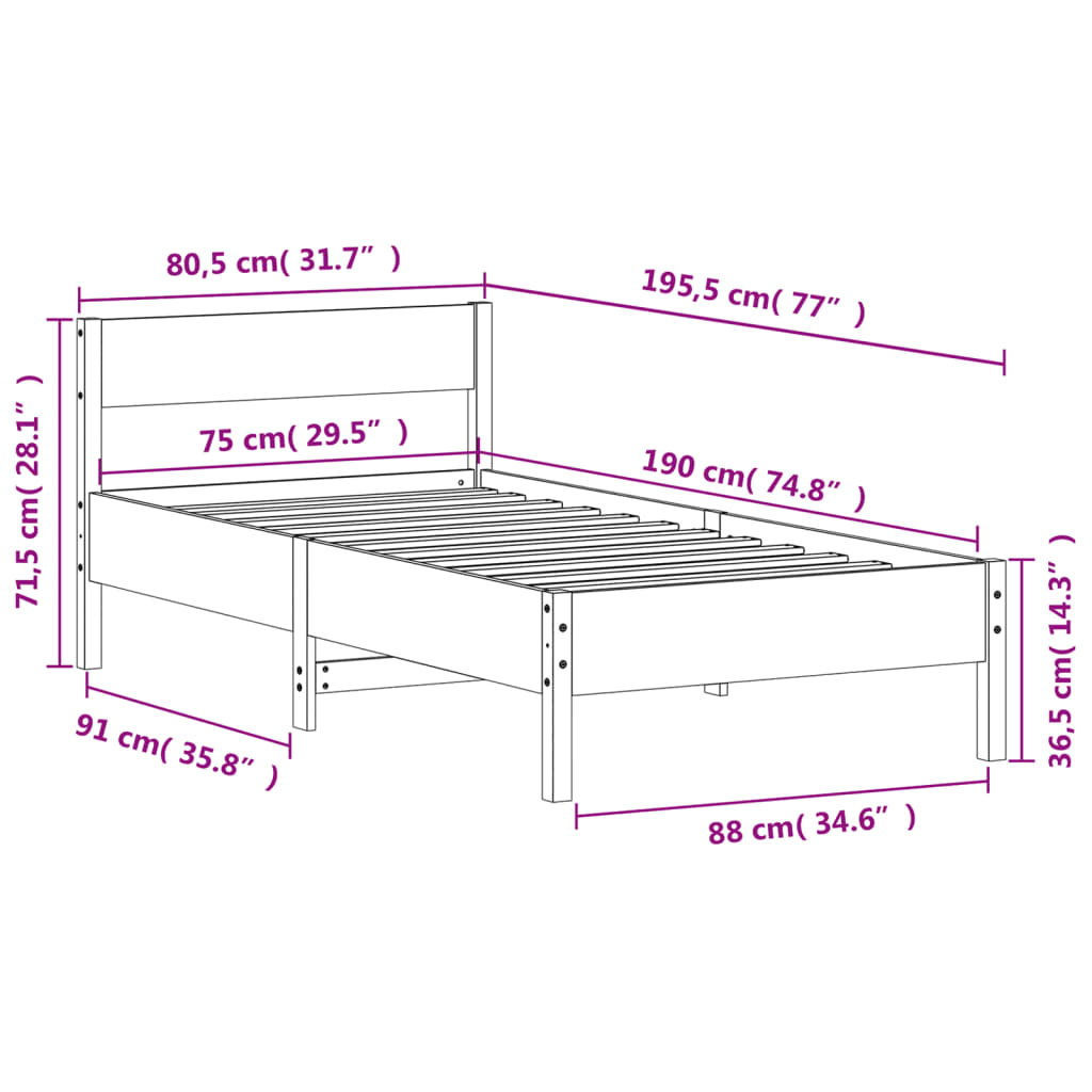 Cadre de lit sans matelas cire marron 75x190 cm bois pin massif