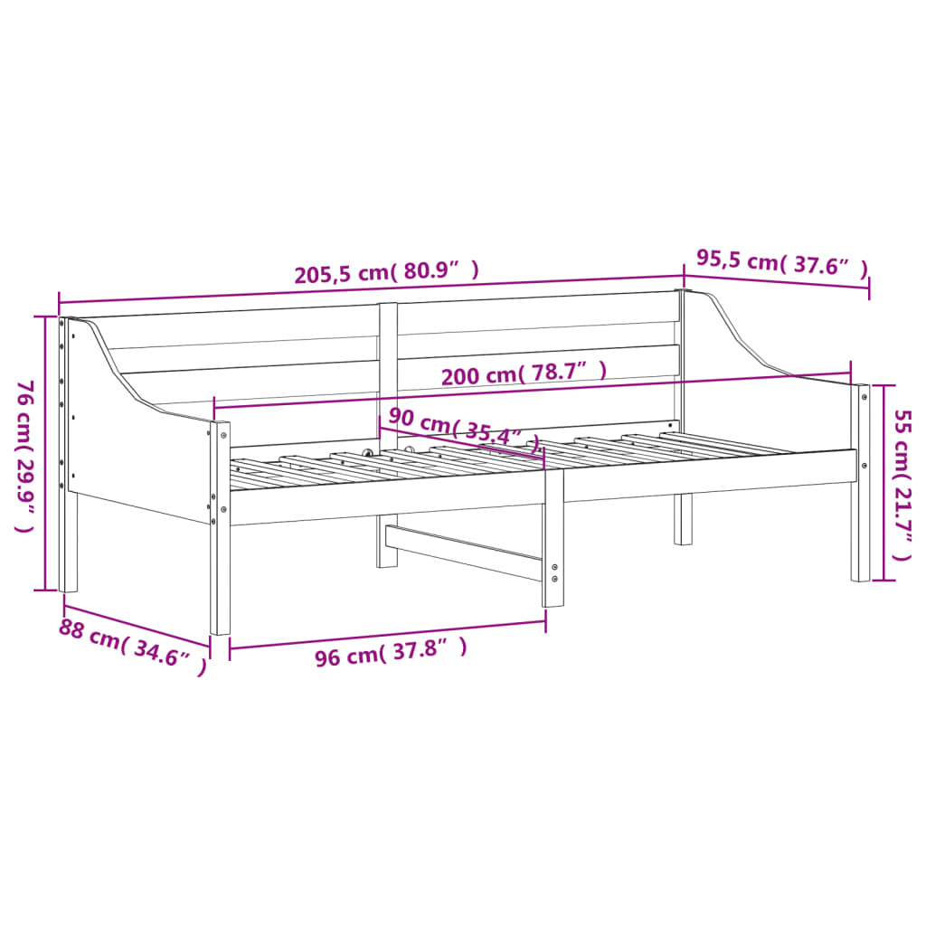 Lit de jour sans matelas blanc 90x200 cm bois de pin massif