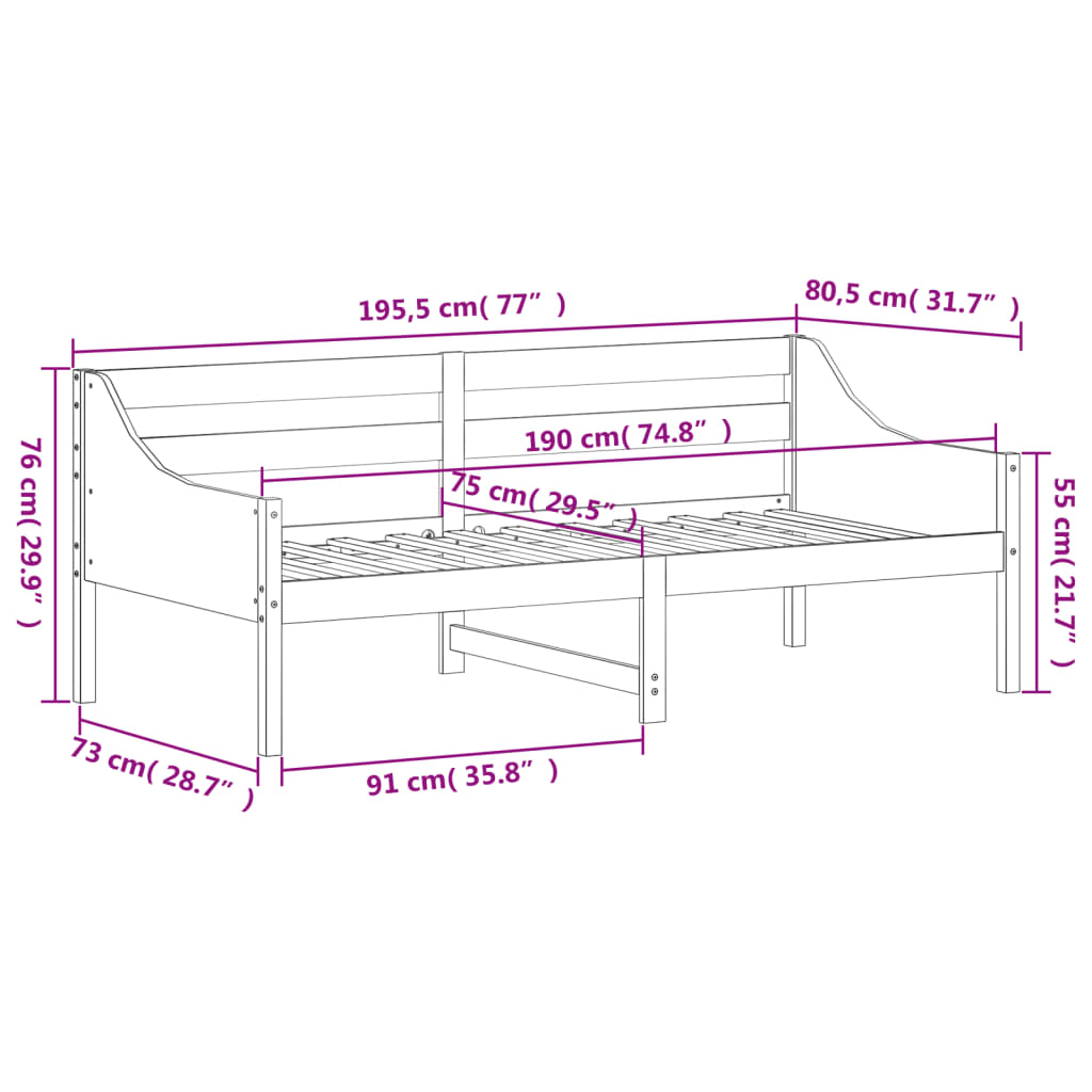 Lit de jour sans matelas 75x190 cm bois de pin massif