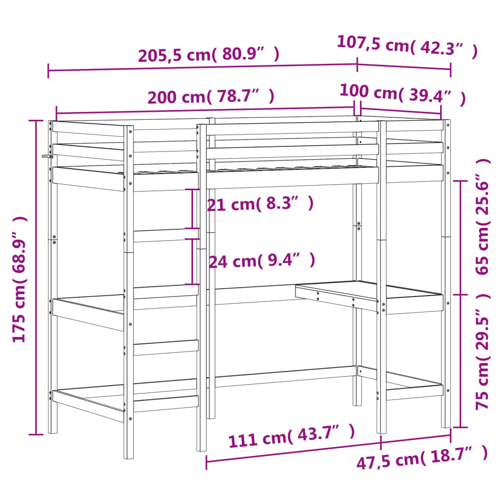 Lit superposé sans matelas 100x200 cm bois massif de pin