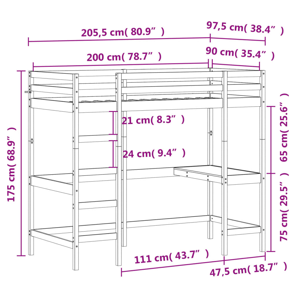 Lit superposé avec bureau 90x200 cm bois de pin massif