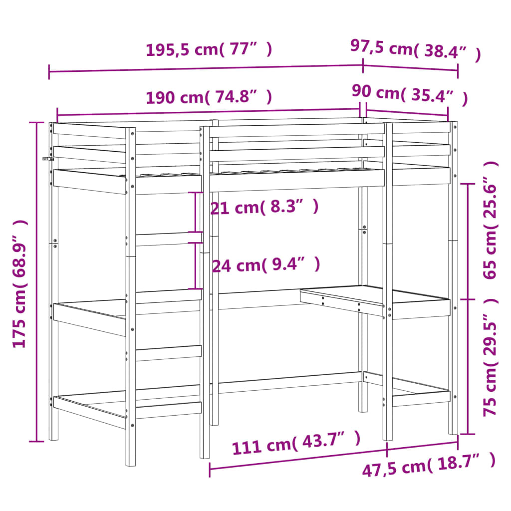 Lit superposé sans matelas 90x190 cm bois massif de pin