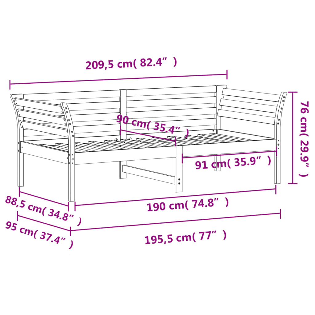 Lit de jour sans matelas 90x190 cm bois de pin massif