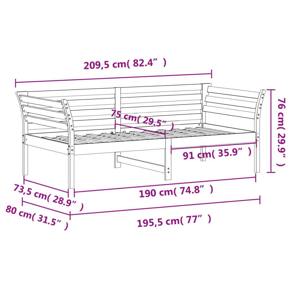 Lit de jour sans matelas 75x190 cm bois de pin massif