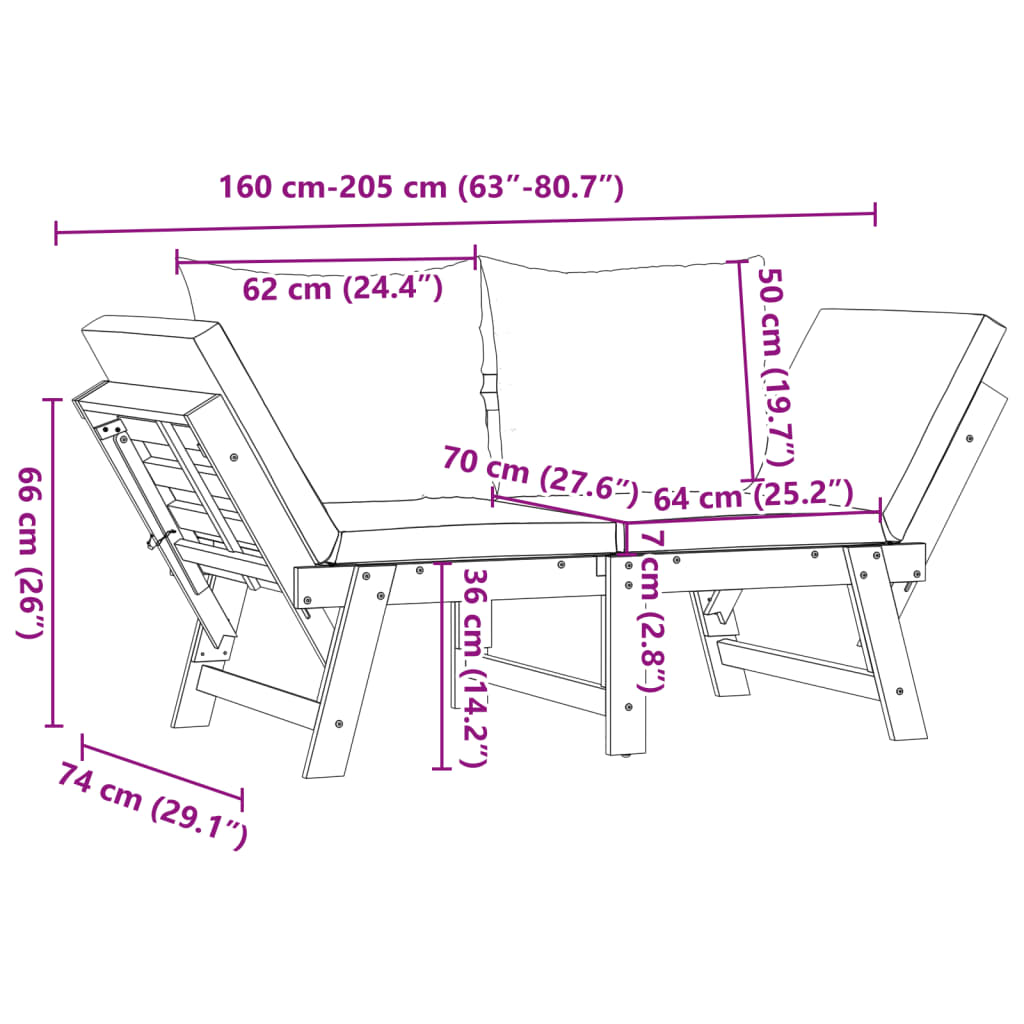 Banc de jardin avec coussins 2 en 1 bois d'acacia massif