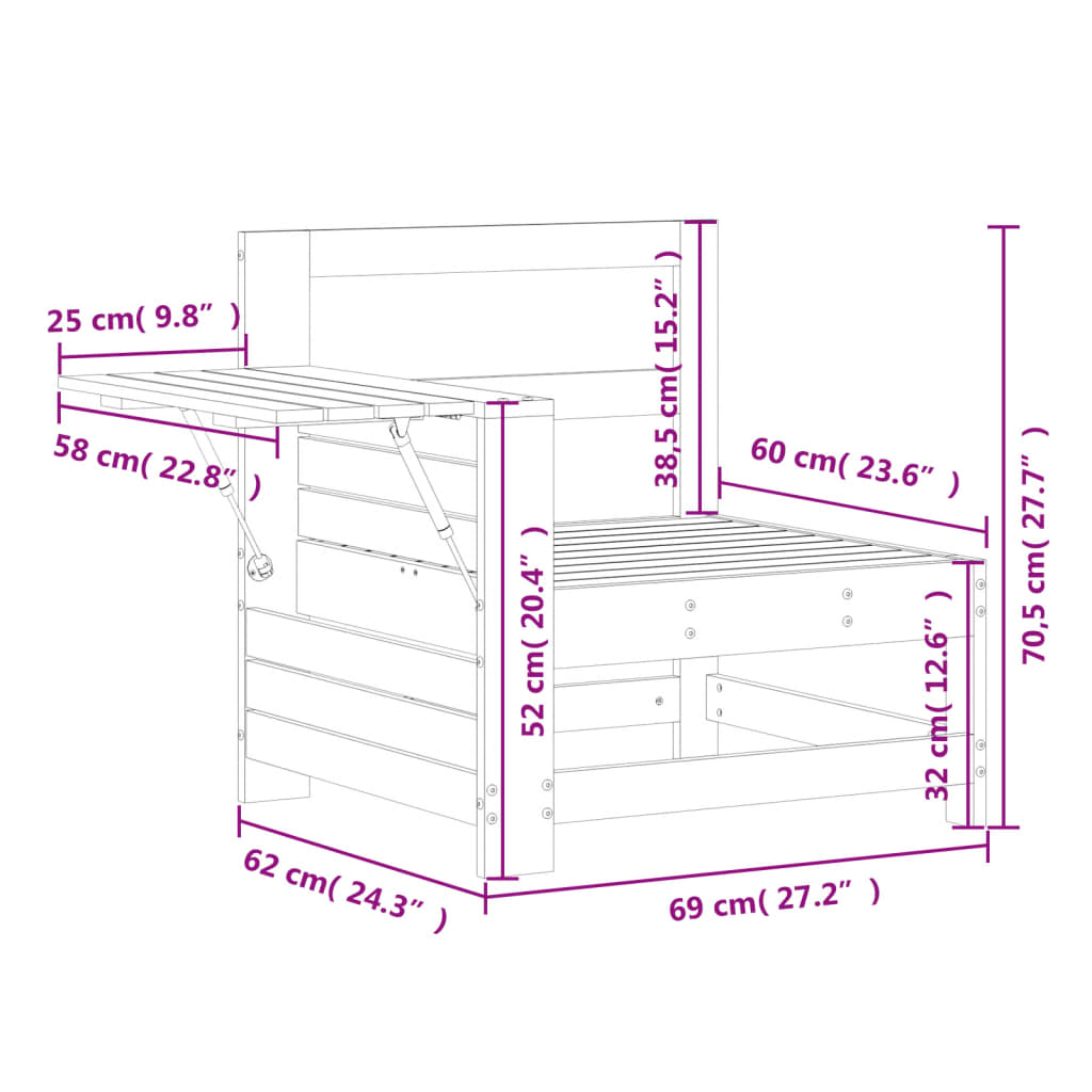 Canapé de jardin accoudoir avec table d'appoint bois massif pin