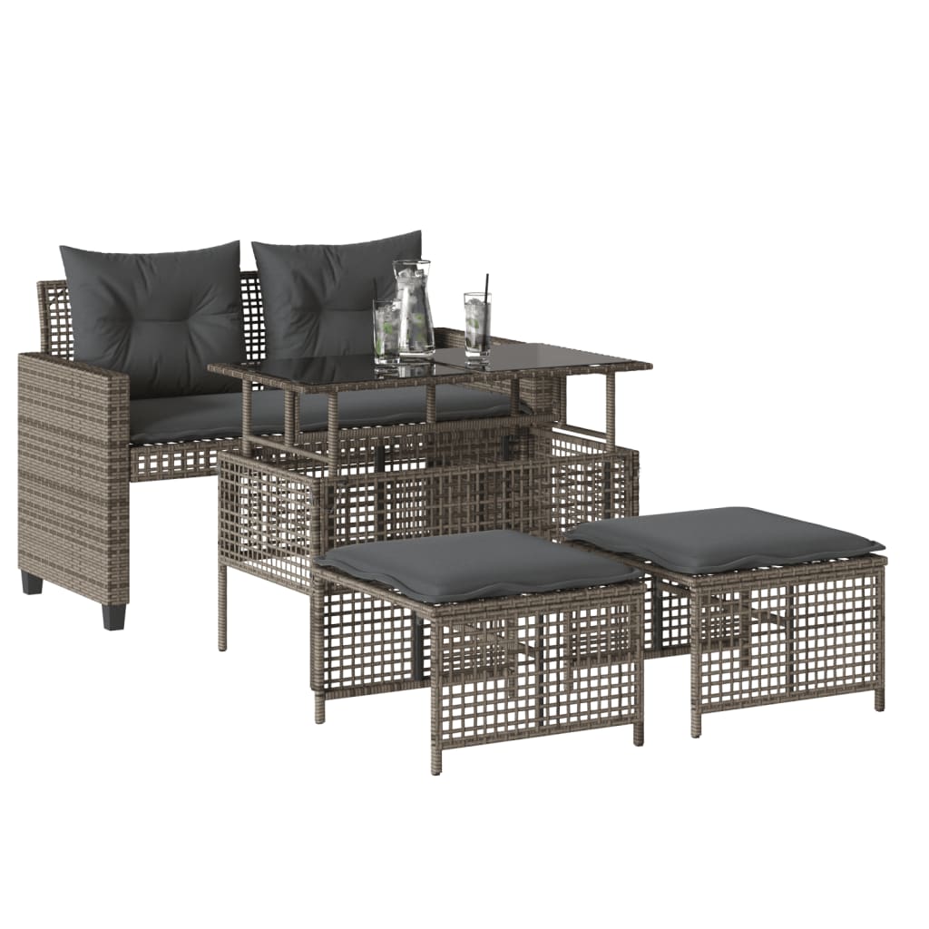 Salon de jardin avec coussins 4 pcs gris résine tressée verre