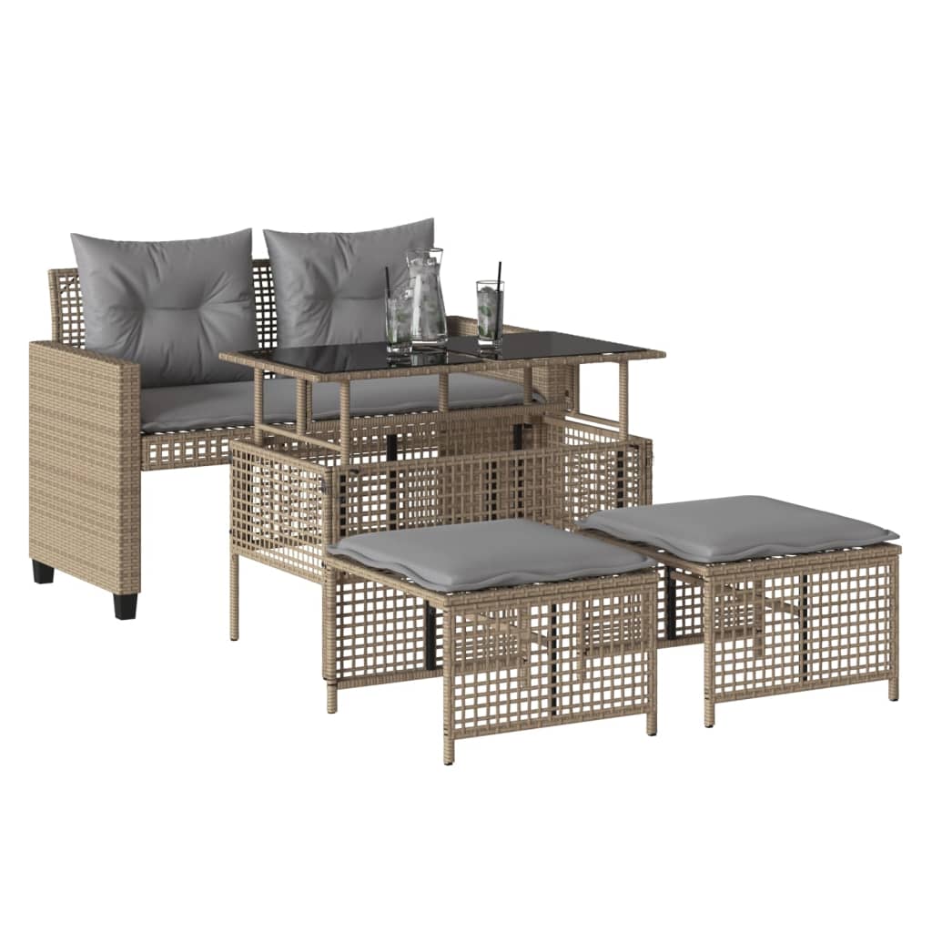 Salon de jardin avec coussins 4 pcs beige résine tressée verre