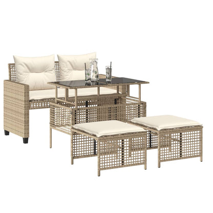 Salon de jardin avec coussins 4 pcs beige résine tressée verre