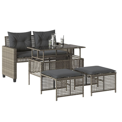 Salon de jardin avec coussins 4 pcs gris clair poly rotin verre