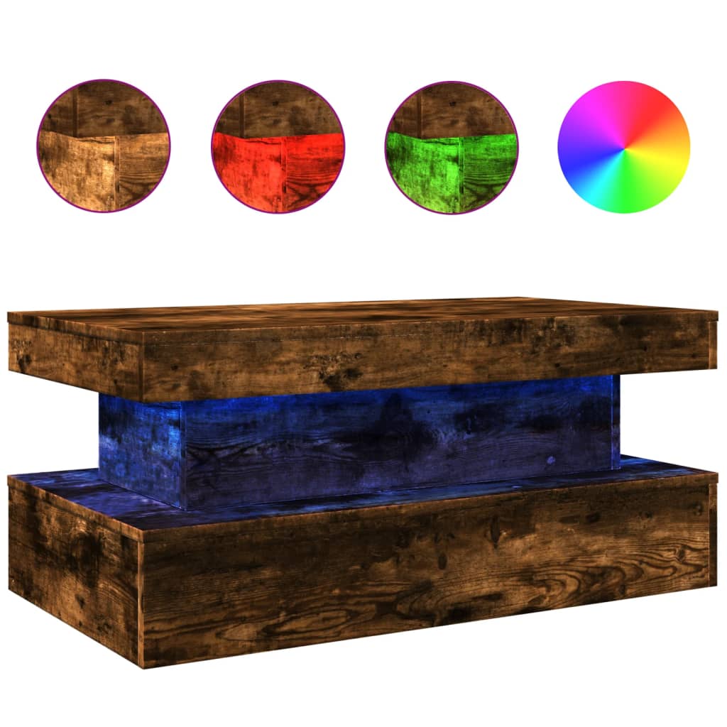 Table basse avec lumières LED chêne fumé 90x50x40 cm