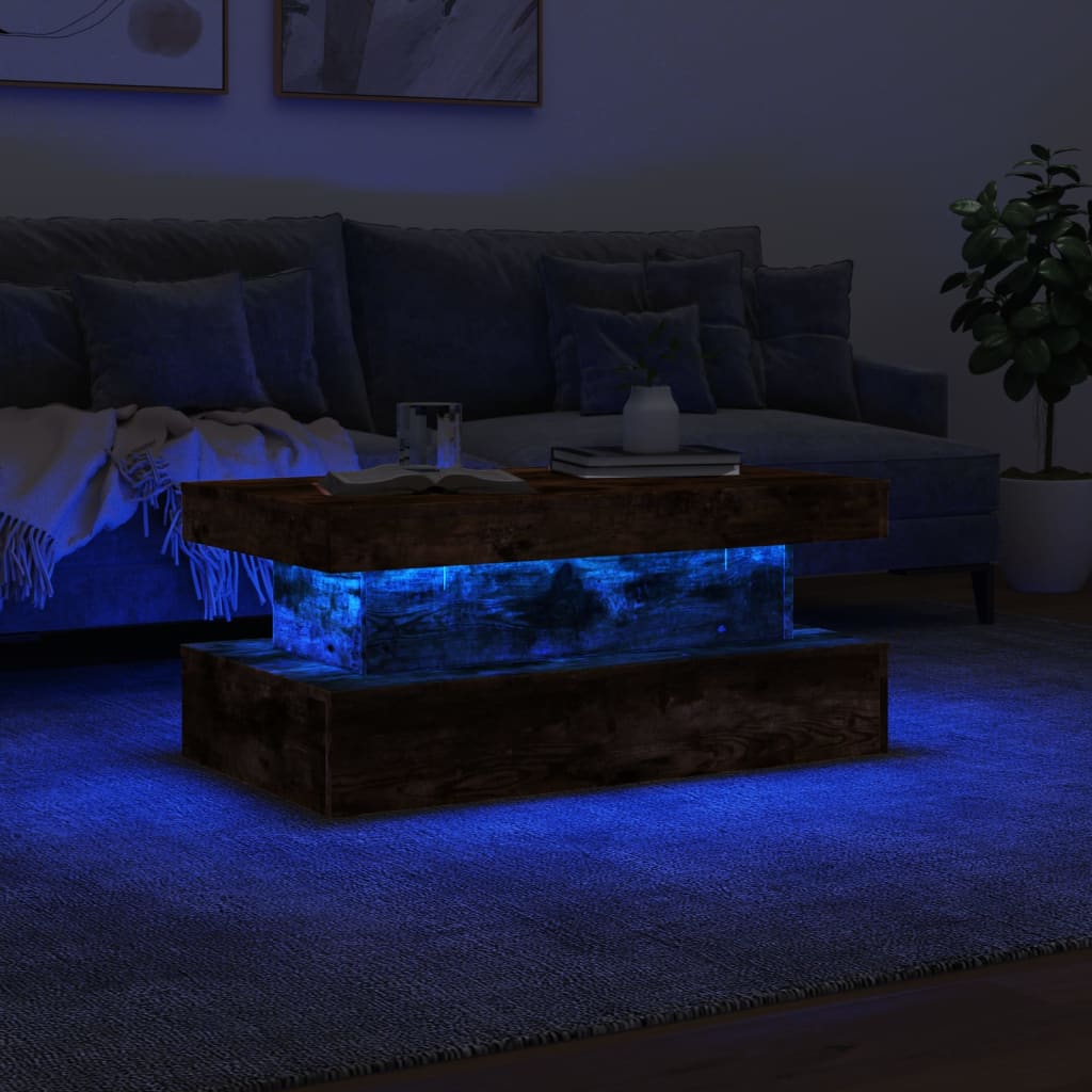 Table basse avec lumières LED chêne fumé 90x50x40 cm