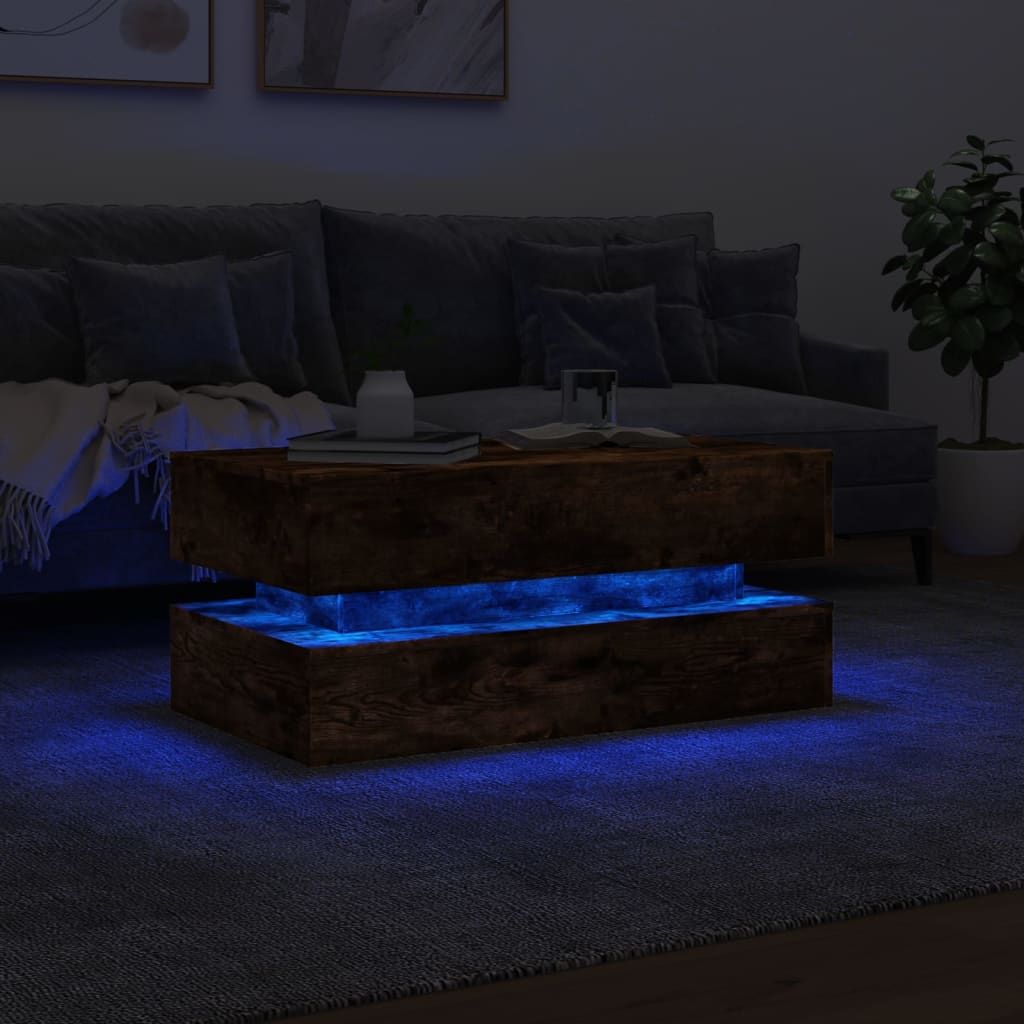 Table basse avec lumières LED chêne fumé 90x50x40 cm