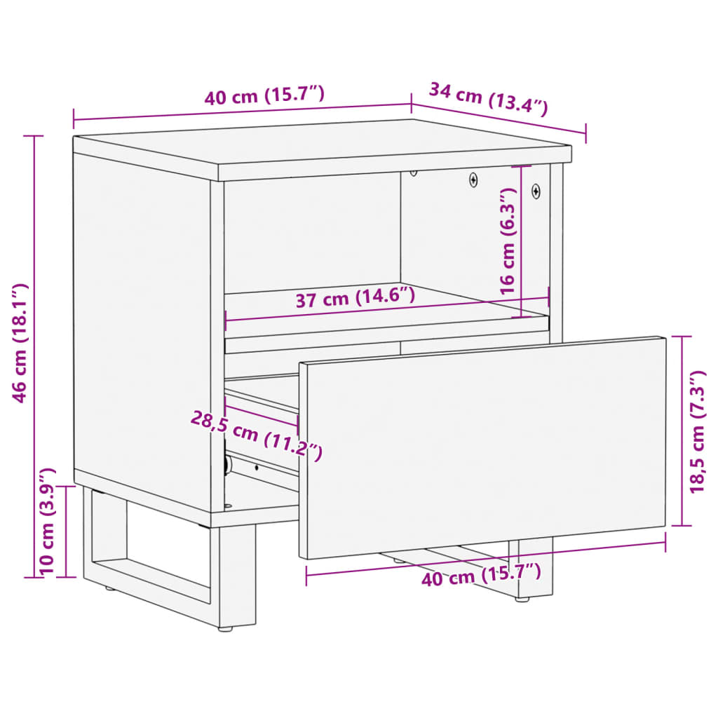 Table de chevet 40x34x46 cm bois de manguier massif brut