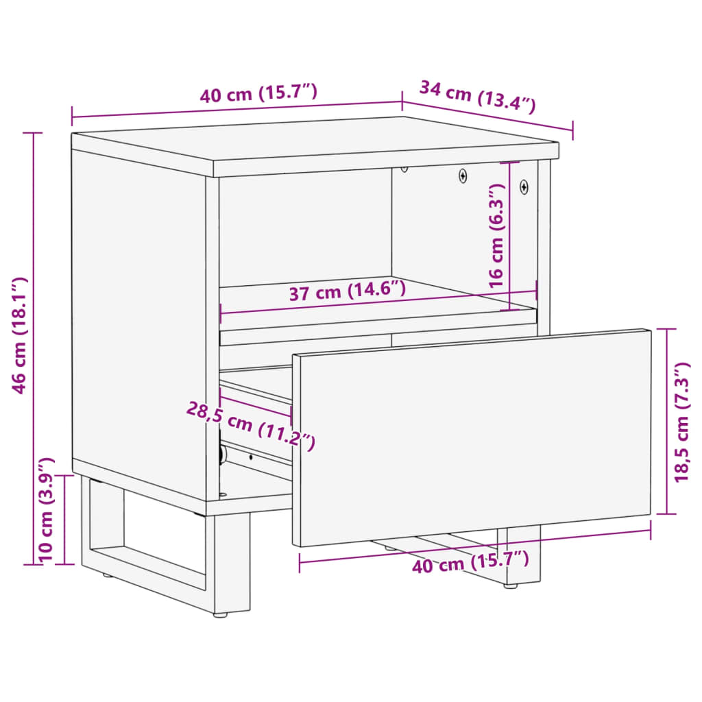 Table de chevet 40x34x46 cm bois de manguier massif