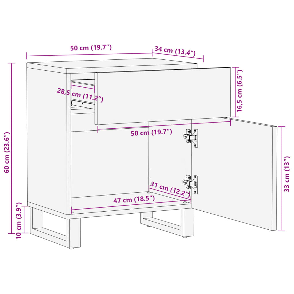 Table de chevet marron 50x34x60 cm bois manguier solide