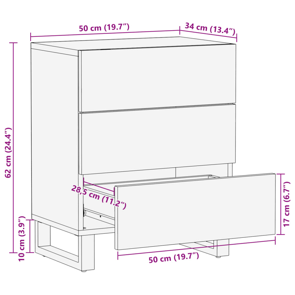 Table de chevet 50x34x62 cm bois de manguier massif brut