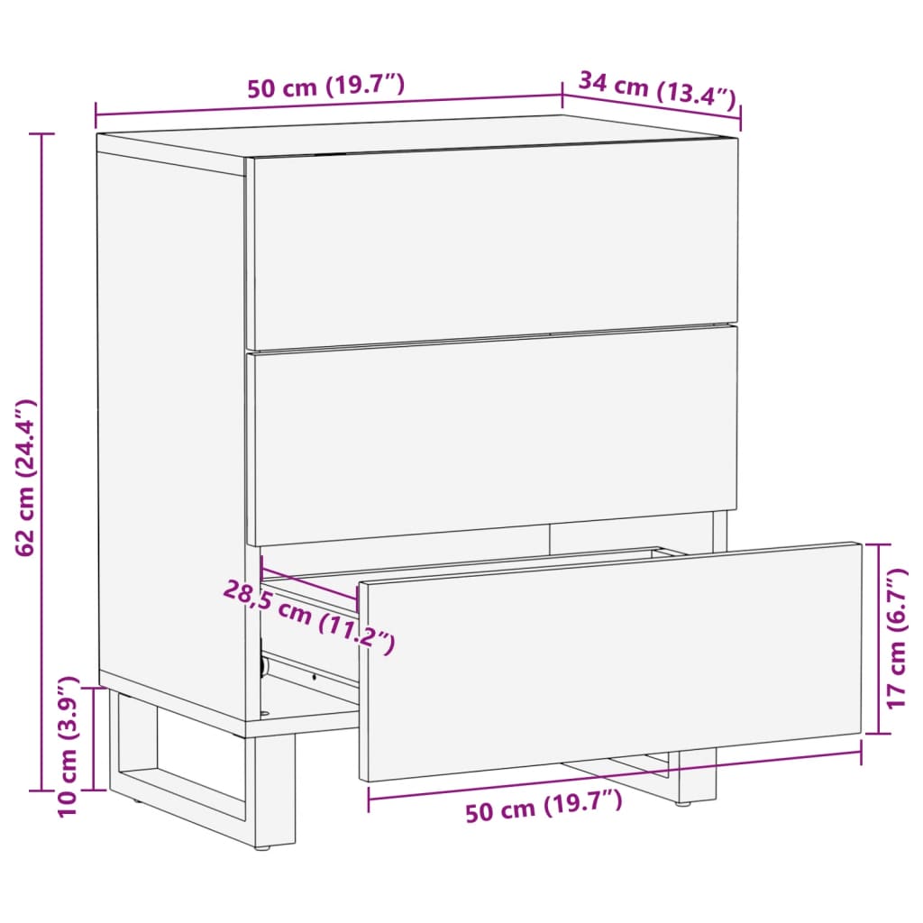 Table de chevet 50x34x62 cm bois de manguier solide