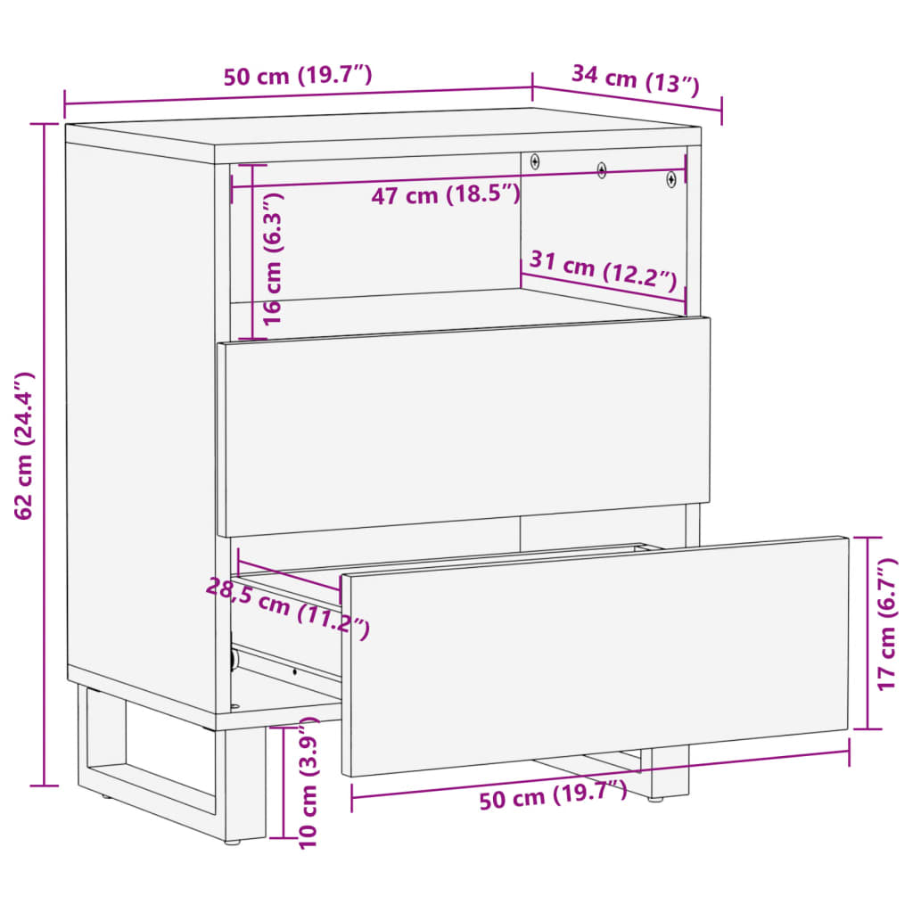 Table de chevet 50x34x62 cm bois de manguier solide