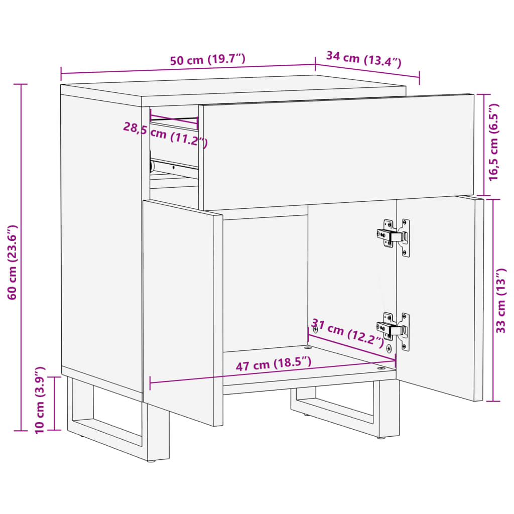 Table de chevet marron 50x34x60 cm bois manguier solide