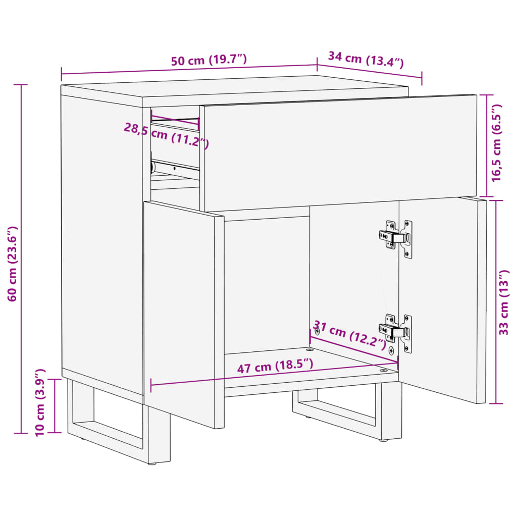 Table de chevet marron 50x34x60 cm bois manguier solide