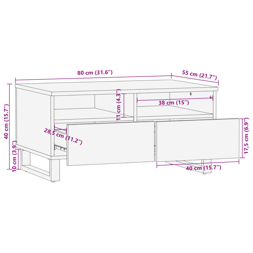 Table basse marron 80x55x40 cm bois de massif manguier