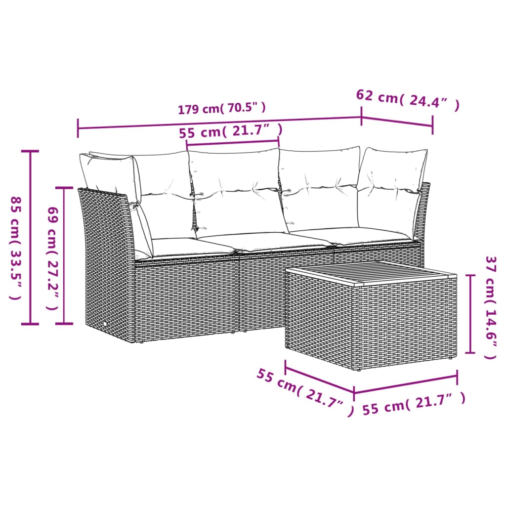 Salon de jardin 4 pcs avec coussins noir résine tressée