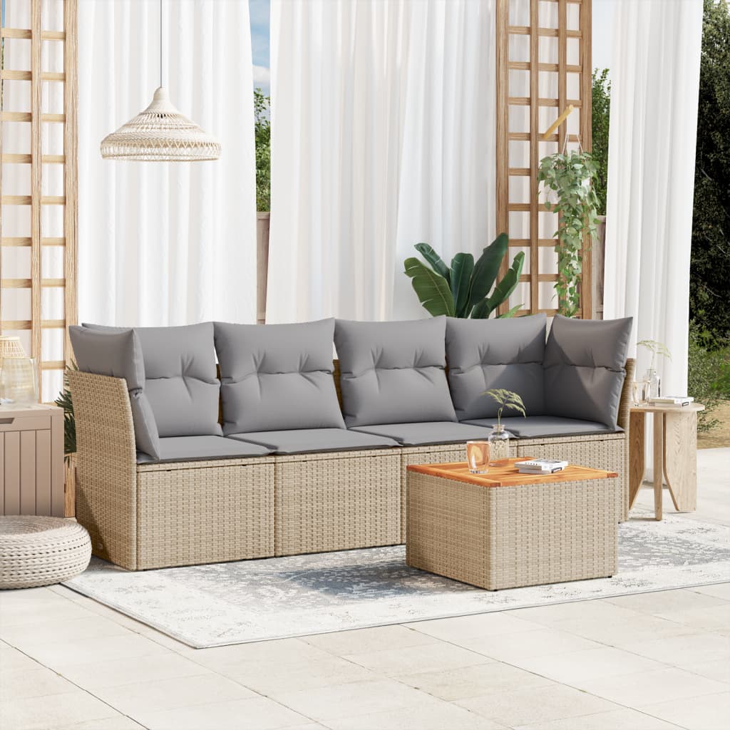 Salon de jardin avec coussins 5 pcs beige résine tressée