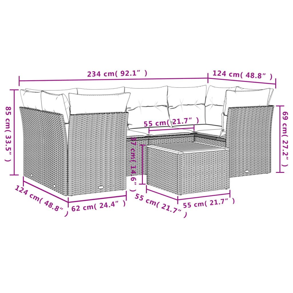 Salon de jardin avec coussins 7 pcs gris résine tressée