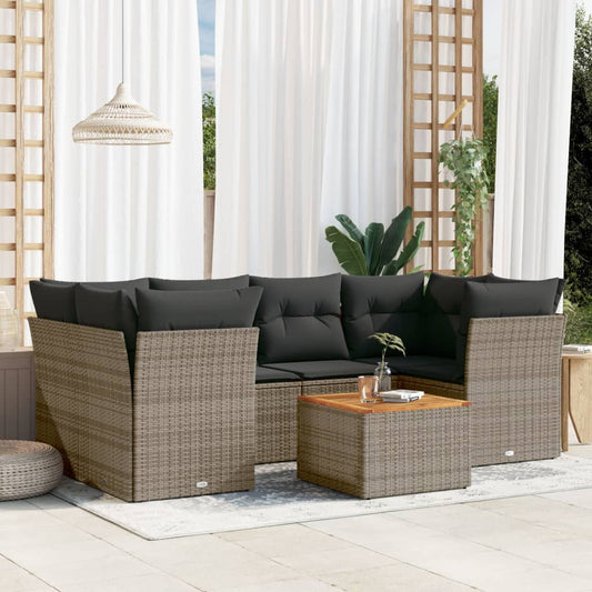 Salon de jardin avec coussins 7 pcs gris résine tressée