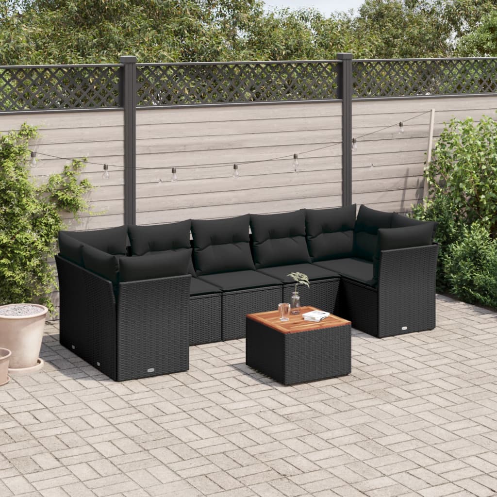 Salon de jardin 8 pcs avec coussins noir résine tressée