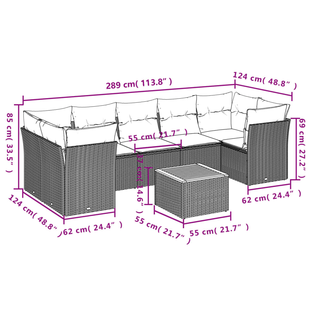 Salon de jardin avec coussins 8 pcs beige résine tressée