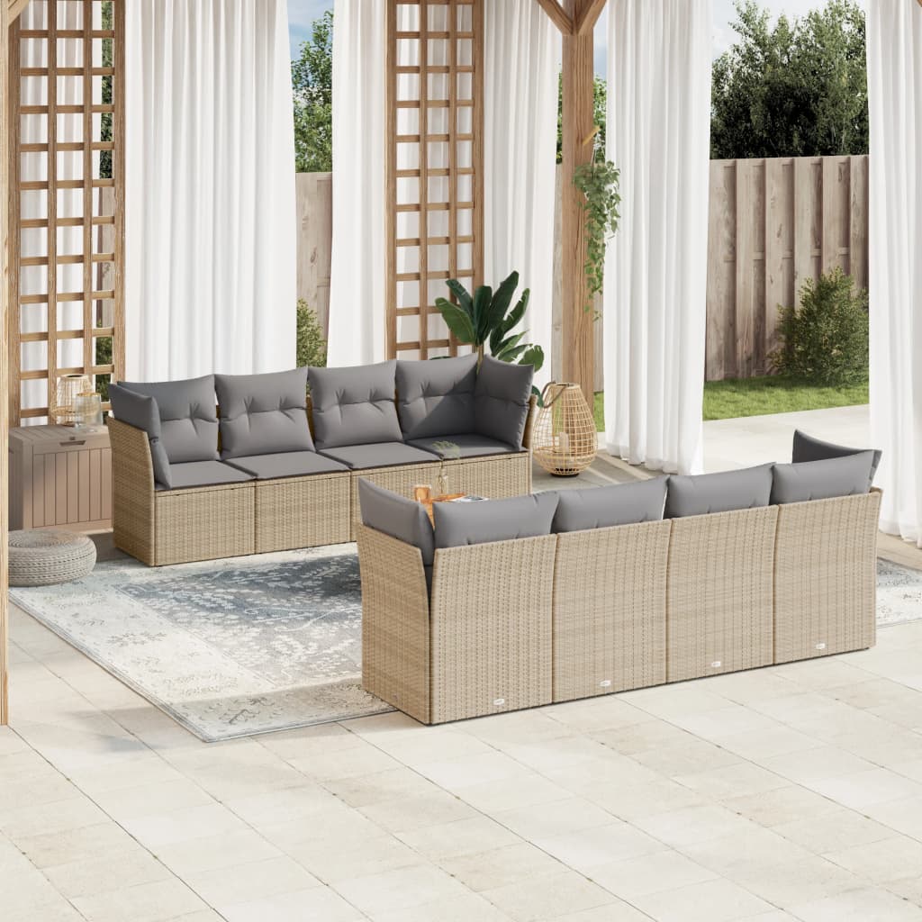 Salon de jardin avec coussins 9 pcs beige résine tressée