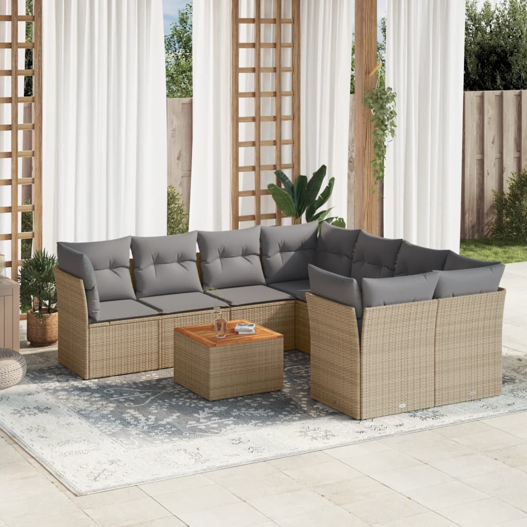 Salon de jardin avec coussins 9 pcs beige résine tressée