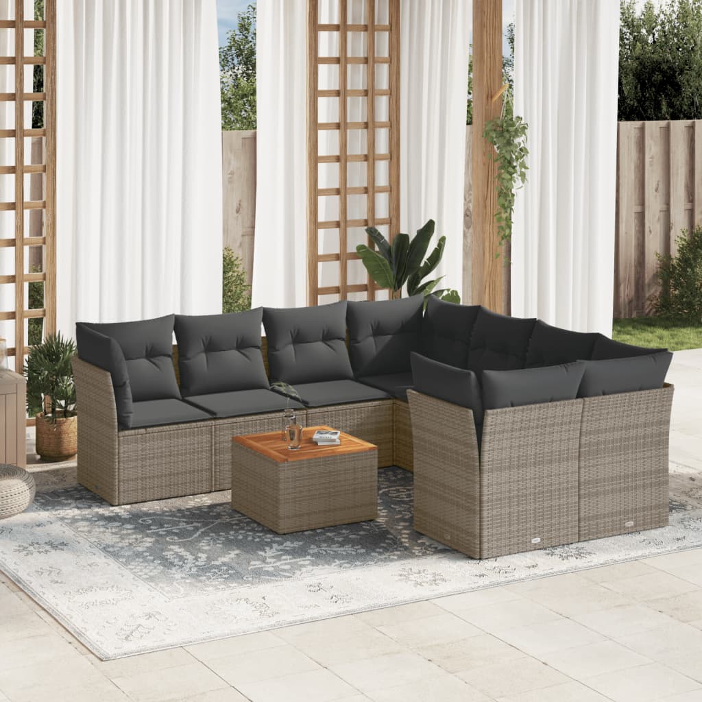 Salon de jardin 9 pcs avec coussins gris résine tressée