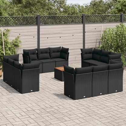 Salon de jardin avec coussins 13 pcs noir résine tressée