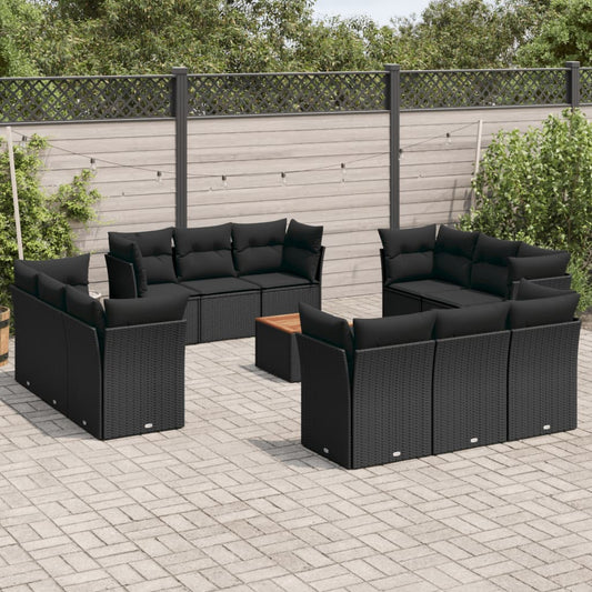 Salon de jardin avec coussins 13 pcs noir résine tressée