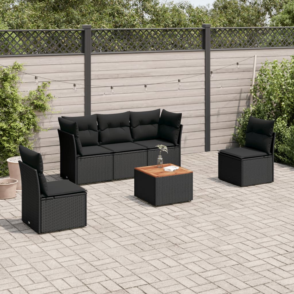 Salon de jardin 6 pcs avec coussins noir résine tressée