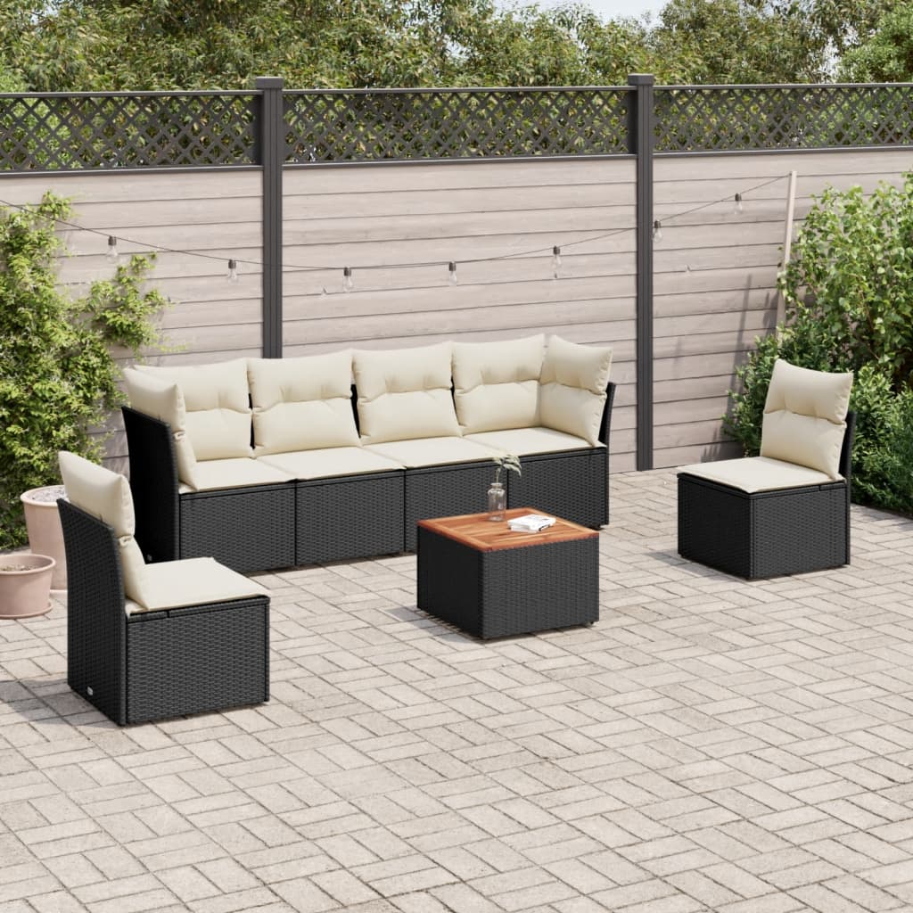 Salon de jardin 7 pcs avec coussins noir résine tressée