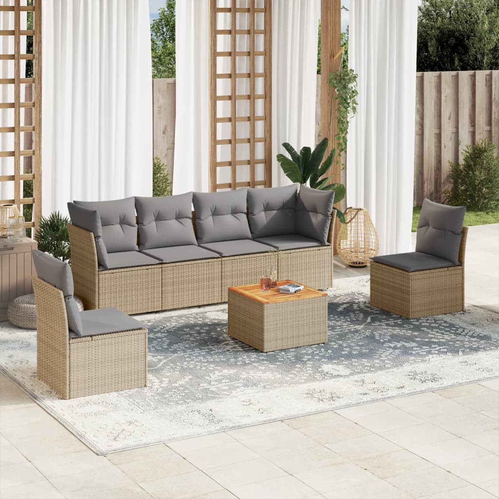 Salon de jardin avec coussins 7 pcs beige résine tressée