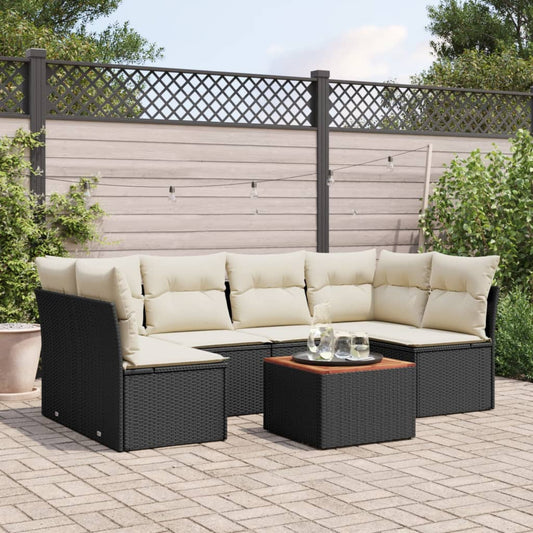 Salon de jardin 7 pcs avec coussins noir résine tressée